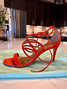 Aquazzura Leaf Lace-Up Suede Sandals Orange Coral 85mm Heels EU 38.5 Italy